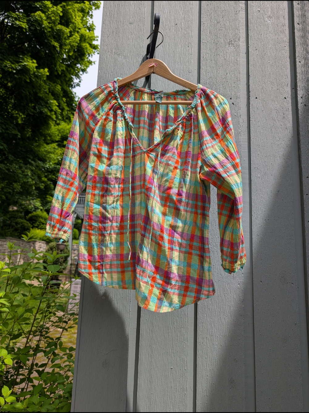 Lauren Ralph Lauren Multicolor Plaid Peasant Top - Yellow, Pink, Blue, Green